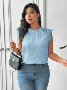 SHEIN Frenchy Plus Size Summer Casual Solid Color Lace Patchwork Sleeveless Shirt - Baby Blue - View 4