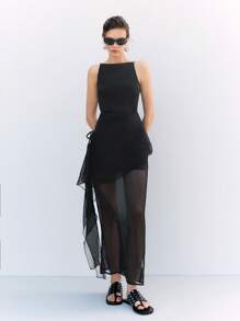 LYSMO 女式夏季纯黑色圆领无袖吊带荷叶边不对称下摆连衣裙长款修身优雅时尚连衣裙适合度假和日常穿着 - 黑色 - 查看 3