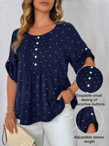 EMERY ROSE Plus Size Women's New Polka Dot Printed Round Neck, Toothpick Buttons Decor, Half Sleeve Adjustable Loose Elegant Casual Shirt - Multicolor - View 1