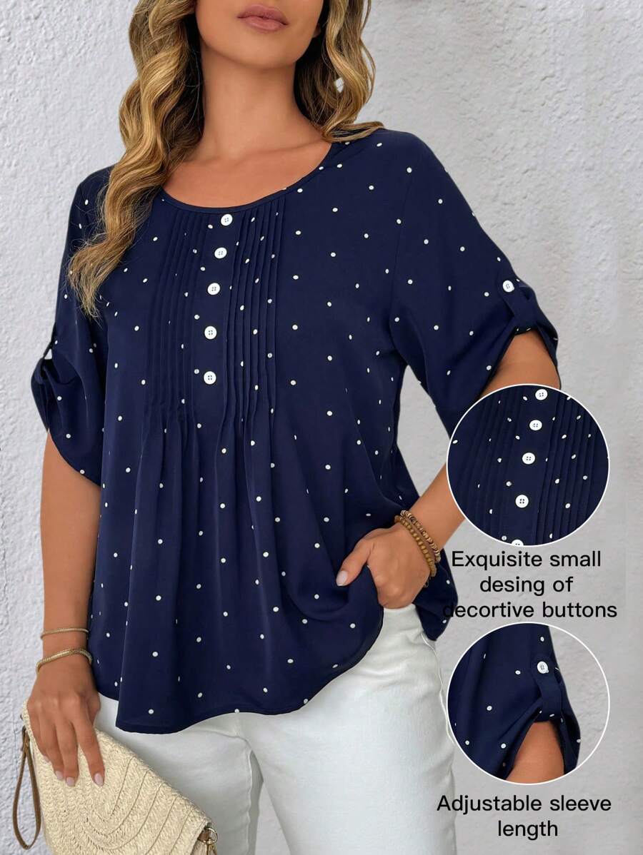 EMERY ROSE Plus Size Women's New Polka Dot Printed Round Neck, Toothpick Buttons Decor, Half Sleeve Adjustable Loose Elegant Casual Shirt - Multicolor - View 1