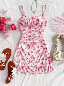 Soleia Robe d'été de vacances bleu et blanc à fleurs avec bretelles en maille pour femmes