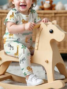 SHEIN Bộ đồ ngủ tay ngắn cổ tròn ôm vừa vặn thoải mái cho bé trai sơ sinh/trẻ mới biết đi, mùa xuân/hè thoải mái - Nhiều màu - Xem 4