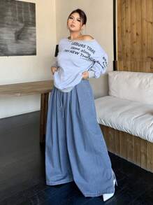 Dazy Plus Solid Washed Blue Extra Loose Wide Leg Tie-Waist Elastic Waist Denim Palazzo Pants - Blue - View 6