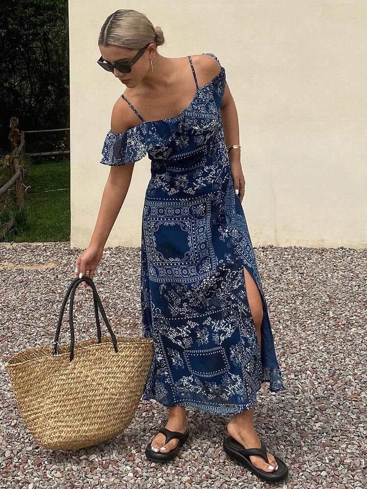 Women's Bohemian Style Butterfly & Cashew Floral Print Chiffon Off Shoulder Sleeveless Dress, Summer Casual Sexy Loose Long Dress,Ruffle Vacation Cruise Outfit For Women Boho