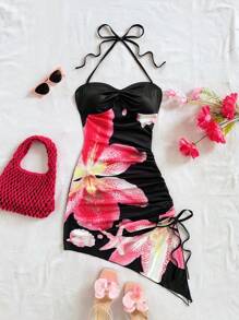 Soleia Váy thường ngày buộc dây phía trước họa tiết hoa, thời trang tối giản phù hợp cho mùa hè - màu đen - Xem 6