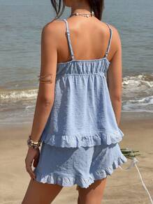 Jouncy 2 件套女士甜美可爱蝴蝶结刺绣棉质吊带背心和短裤套装，夏季 - 藍色 - 查看 2