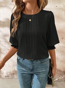 SHEIN Clasi Women Spring Round Neck Mid Sleeve Loose Blouse For Vacation - Black - View 4