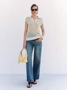 LYSMO Ladies Spring And Summer Lapel Hollow Knitted Short-Sleeved Tops, Summer Fashion Holiday Style, Simple Commuting, Suitable For Daily Wear Summer Clothes Women Tops Knit Tops Knitted Tops For Women Women Clothing Summer Tops - Apricot - View 4