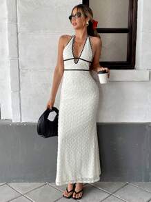 SHEIN Essnce Women's Sexy Deep V Neck Ruffle Trim Dress