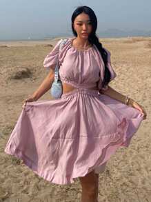 DAZY Women's Round Neck Waist Cinched Hollow Out Puff Sleeve Mid-Length Dress,Ruffle - Pink - View 3