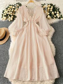 Franclia 优雅迷人优雅长袖性感V领连衣裙 - 粉色 - 查看 2