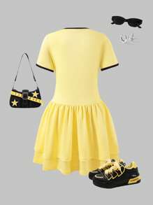 SHEIN Explorewe Tween Girls Casual Contrast Color Letter Print Cake Shaped Summer Sports Dress - Yellow - View 2