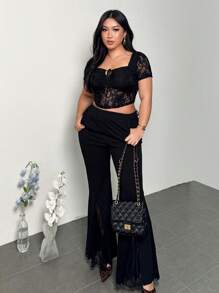 Sweetheart Neck Front Drawstring Fishbone Lace Bralette Cropped Short Sleeve T-Shirt, Sexy Date Night Elegant Venue, Plus Size Women Blouse Women Casual Tops Women Top Women Spring Tops Work Blouse Women Women Summer Blouses/Festival Outfits/Graduation Graduation Season Party Black Top/Sequin/Sparkly/ Renaissance Fair Slim Short T-Shirt - Black - View 1