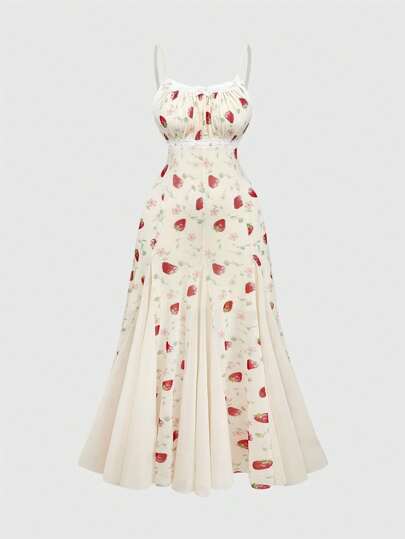 Kawaii Elegante vestido de sirena entallado con estampado de fresa navideña