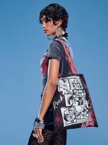 Winx Club X ROMWE Cartoon Printed Fashion Portable Tote Shoulder Bag For Women - Black - View 7