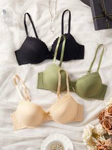 3 件套女士休闲简约无钢圈文胸套装，加垫罩杯内衣 - 彩色 - 查看 4