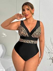 Swim Lushoire Plus Size All-In-One Style Geometryczny Wzór Resort Wakacje Jednoczęściowy Kostium Kąpielowy - Wielokolorowe - Zobacz 3