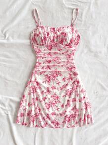 Soleia Robe d'été de vacances bleu et blanc à fleurs avec bretelles en maille pour femmes