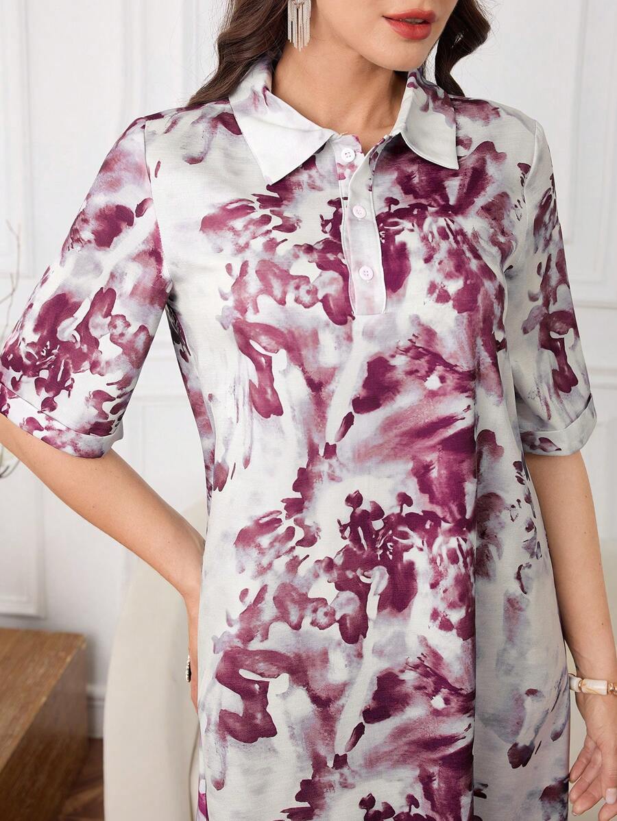 Lacomfia Women's Loose Ink Painting Print Long Sleeve Dress - Burgundy - View 1