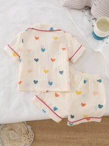 2pcs/Set Baby Girl Colorful Heart Pattern Contrast Color Watermelon Red Casual Shorts And Short Sleeve Top, Simple & Fashionable Homewear - Multicolor - View 2