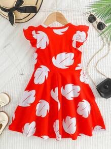 Vestido casual de manga corta y estampado floral de color contrastante para niñas en vacaciones
