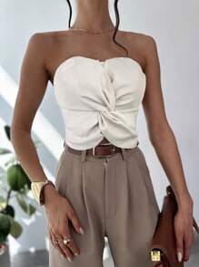 Firerie Camolă din fibră de bambus, fără mâneci, încrucișată, cu detaliu texturat, elegant pentru navetiști, top cu tub Design Sense, potrivit pentru vacanță, întâlnire, petrecere, înapoi la școală, nuntă, festival de muzică - Caisă - Vizualizare 1