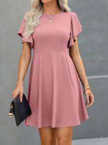 SHEIN Clasi 1 chiếc váy ngắn tay màu trơn, thời trang mùa hè - Màu Hồng  Dưa hấu - Xem 3