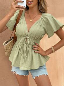 SHEIN Frenchy Women's Solid Color Ruffle Trim Front Tie Fashionable Shirt For Holiday Summer Green Casual Christmas Elegant - Green - View 6