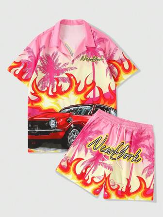 Men's Racing Car & Flame Print Front Button Short Sleeve Shirt And Drawstring Waist Shorts Set, Vacation