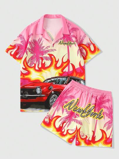 بدلة رجالية مكونة من قميص بأكمام قصيرة مزينة بطباعة سيارات السباق واللهب وشورت خصر مرتبط