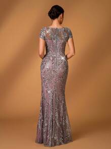 Serin Elegante vestido mini ajustado con cola de pez, manga abullonada, cuello en V, contraste gris y rosa, bordado de malla con cuentas, perfecto para cena formal, fiesta, cita, vacaciones, boda, vestido de madre de la novia