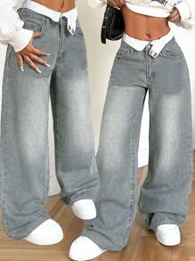 SHEIN Tall 女士牛仔裤低腰直筒裤双腰直筒裤拼接直筒裤高腰女士牛仔裤情人节女士夏季婚礼嘉宾女士宽松牛仔裤 - 淺色水洗藍 - 查看 1