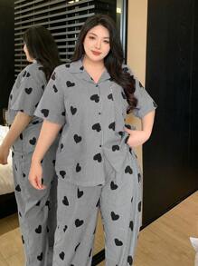 Dazy Plus 加大码两件套心形和条纹印花宽松睡衣套装，包括睡衣衬衫和裤子、服装 - 灰色 - 查看 7