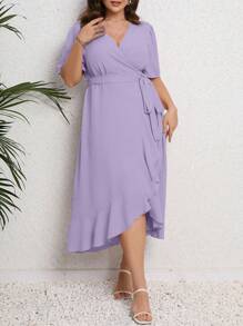 SHEIN LUNE Plus Puff Sleeve Ruffle Hem Belted Wrap Dress Maxi Women Outfit