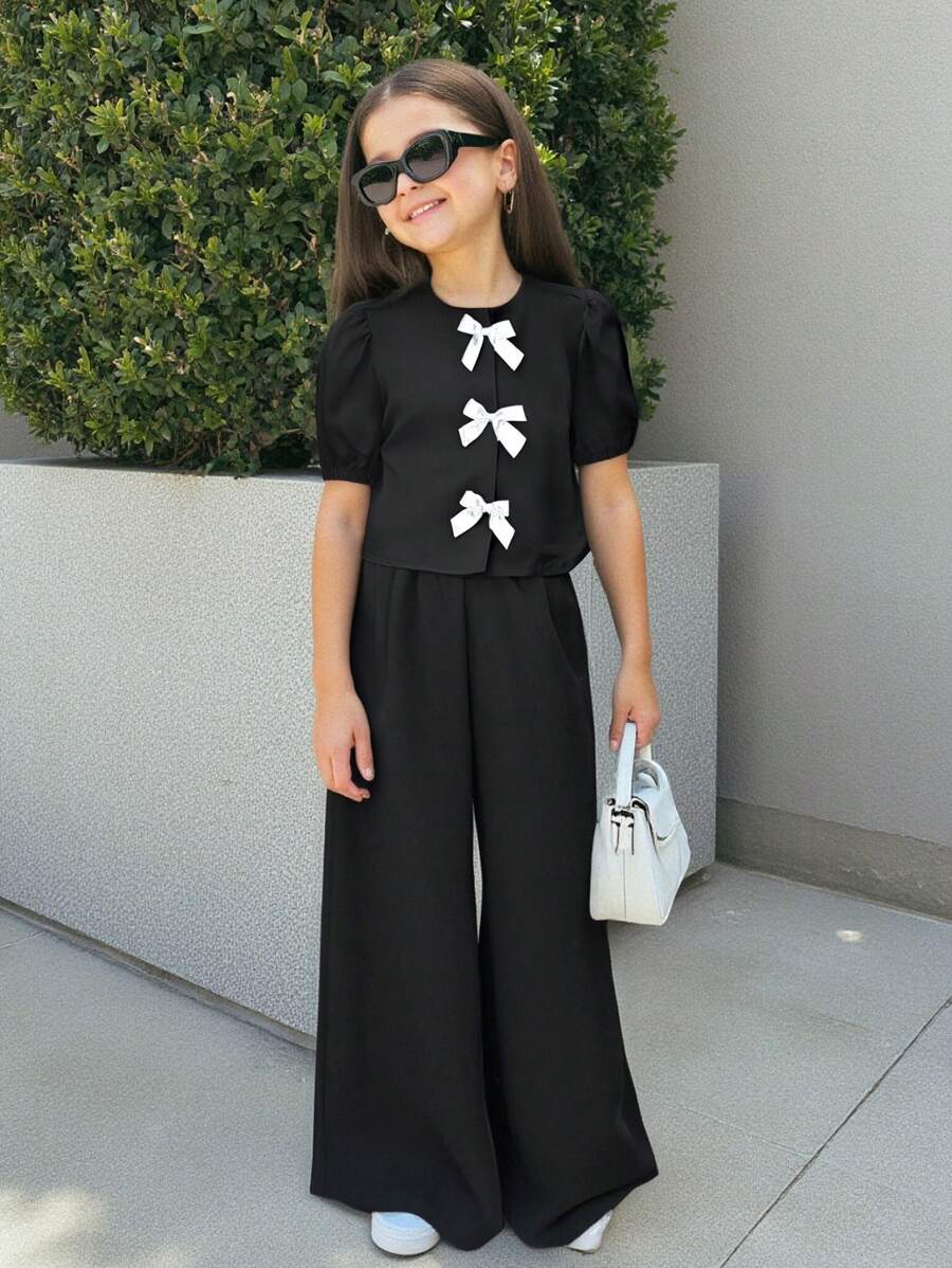 SHEIN Nova Glow Tween Girl 休闲时尚圆领泡泡短袖上衣和长裤套装 - 黑色 - 查看 1