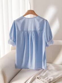 CosyJoli Plus Size Casual Embroidered Blue And White Striped Shirt - Blue and White - View 2