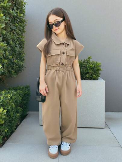 Firerie Kids Firerie Kids Nova Glow 纯色编织连体裤，翻领，短纽扣门襟，双口袋，卡其色，适合青少年女孩 > Plainmocha 青少年女孩服装