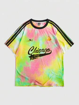 Street Life Camiseta de manga corta de cuello redondo con estampado de letras y efecto tie-dye para hombre, verano