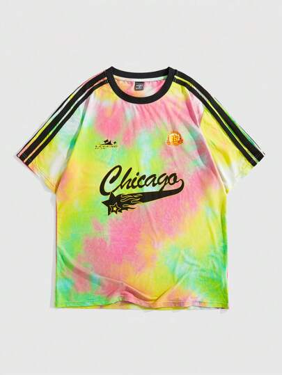 Street Life Camiseta de manga corta de cuello redondo con estampado de letras y efecto tie-dye para hombre, verano