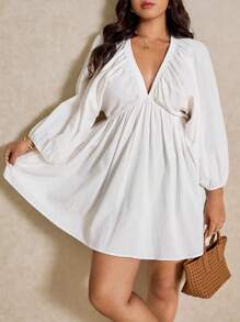 Elaquor Vestido informal de talla grande de manga farol en unicolor