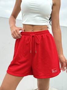 SHEIN EZwear 夏季宽松休闲粉色抽绳腰部贴片运动短裤 - 紅色 - 查看 6