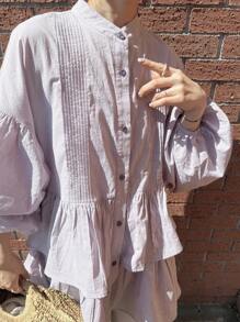 FRIFUL Women's Oversize Ruched Layered Ruffled Puff Sleeve Loose Solid Color City Casual Spring/Summer Long Shirt,Fall Clothes Long Sleeve Top Vacation - Mauve Purple - View 2