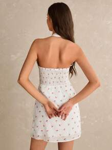 Poéselle 白色连衣裙，樱桃印花连衣裙，领口设计，红色蝴蝶结撞色，蕾丝拼接，刺绣面料，精致可爱，女士无袖樱桃印花镂空刺绣挂脖迷你连衣裙 - 白色 - 查看 6