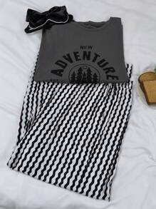 Dazy Plus Letter Print Loose Top And Striped Pants Pajama Set - Grey - View 1