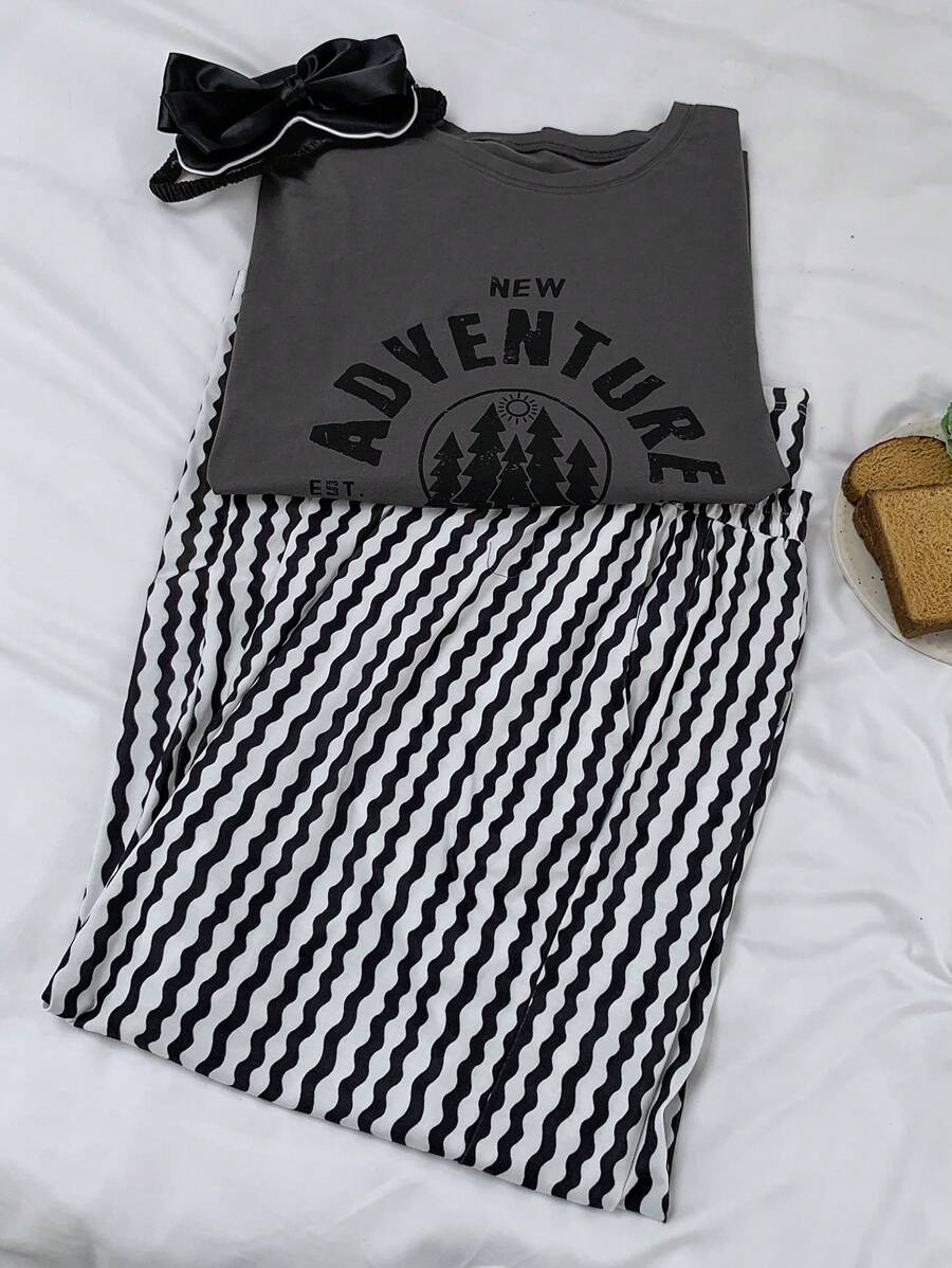 Dazy Plus Letter Print Loose Top And Striped Pants Pajama Set - Grey - View 1