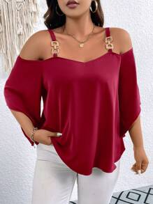 SHEIN Clasi Christmas Plus Size Women's Solid Color Sleeveless Shirt With Metal Decor - Burgundy - View 2
