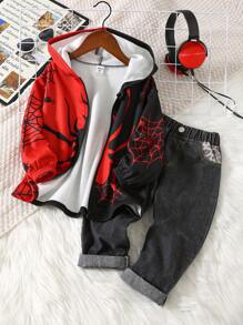 1pc Young Boys' Casual Cute Daily Warm Spider Print Hooded Jacket Suitable For Outing, School, Daily Gathering, Autumn Winter