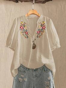 Linhara Plus Size Women Embroidered Floral Puff Sleeve Blouse - Khaki - View 1