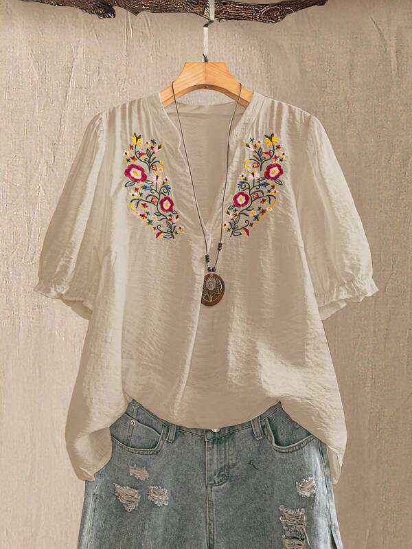 Linhara Plus Size Women Embroidered Floral Puff Sleeve Blouse