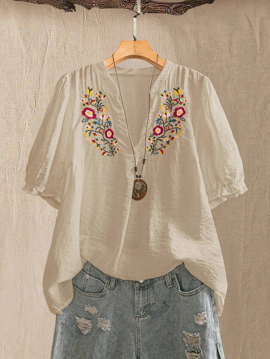 Linhara Plus Size Women Embroidered Floral Puff Sleeve Blouse - Khaki - View 1